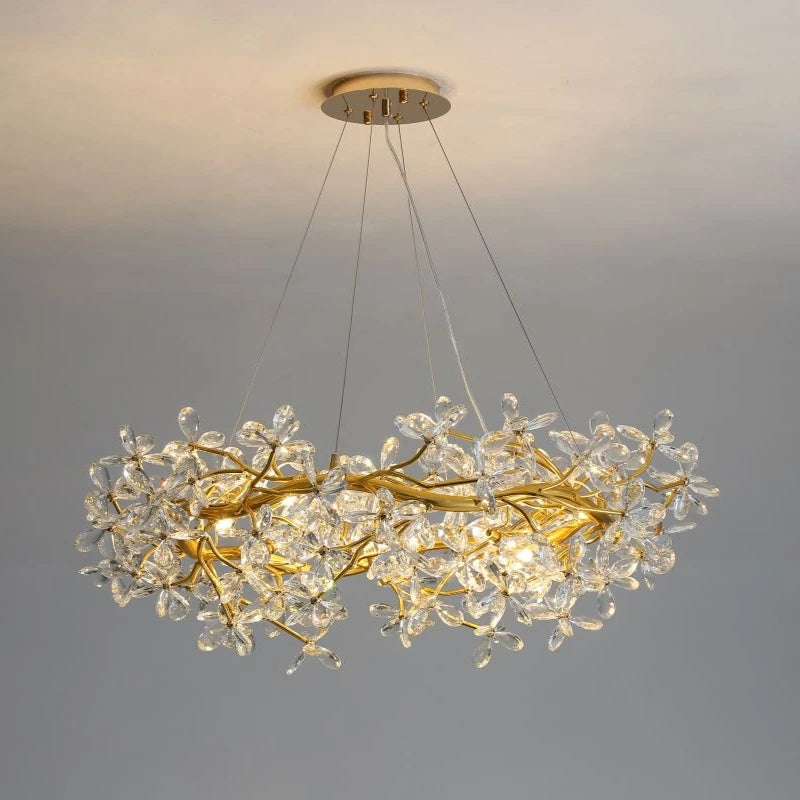 lustre moderne cristal doré branches fleuri transparent hauteur réglable led