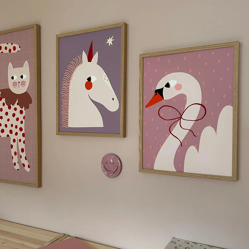 affiche toile animaux cartoon décoration chambre enfant cadre bois motif chat chien lapin rose
