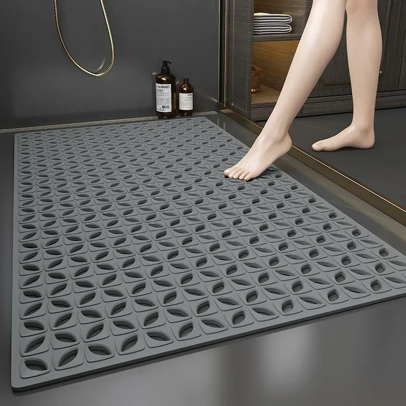 tapis bain douche PVC géométrique texturé moderne ventouses gris bleu minimaliste