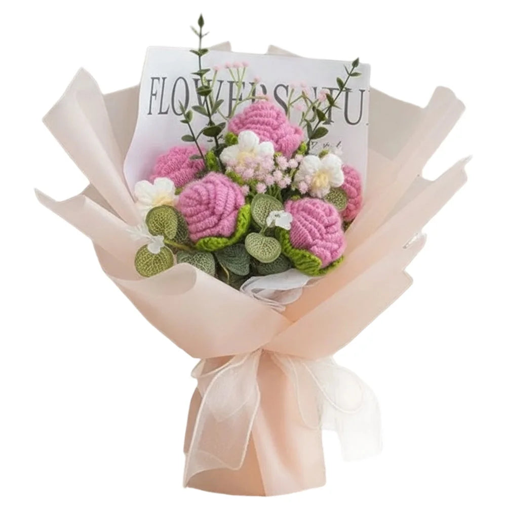 bouquet fleurs artificielles roses tricotées couleurs variées décoration intérieure moderne élégante