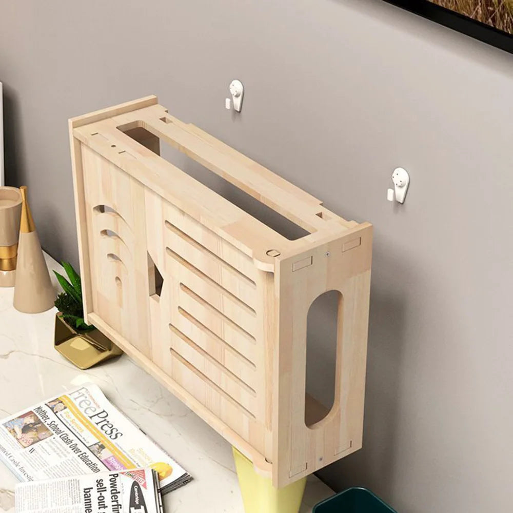 boîte rangement câbles bois clair moderne motifs wifi hexagone minimaliste éléments électriques