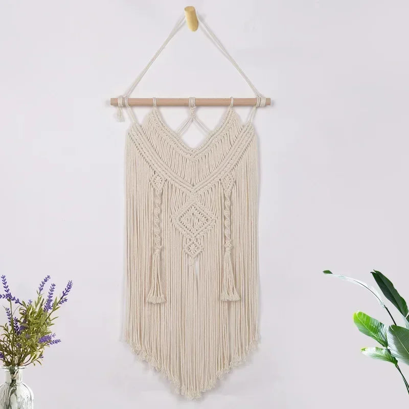 tapisserie macramé boho chic beige motifs géométriques franges moderne suspension maison