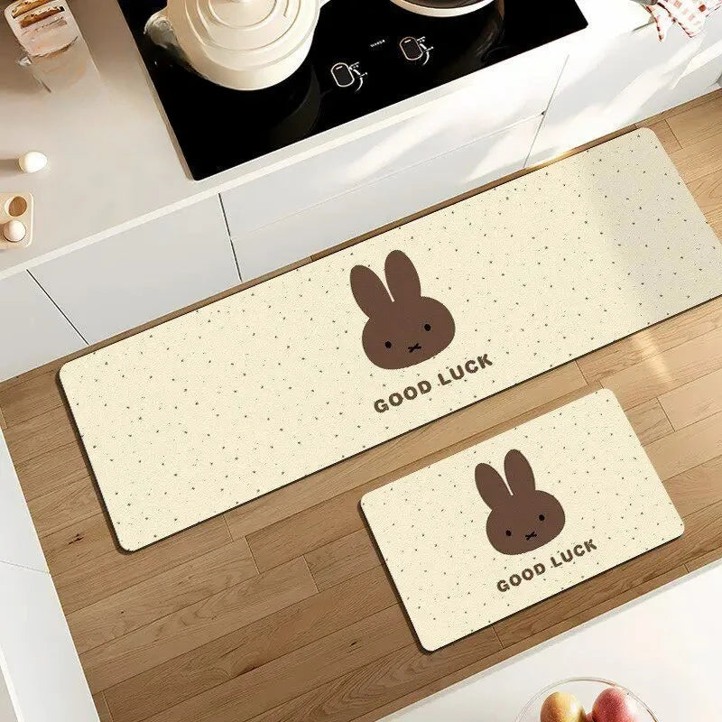 tapis sol cuisine lavable antidérapant motif lapin cartoon mignon absorbant eau beige rose noir