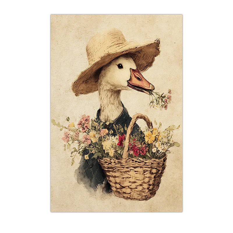 peinture toile oiseau chapeau panier fleurs fond réaliste chambre salon