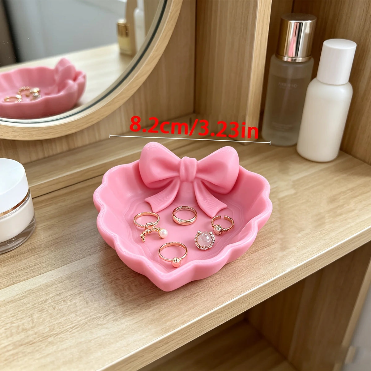 plateau bijoux forme fleur rose nœud central relief surface lisse décoration féminine mignonne anneaux