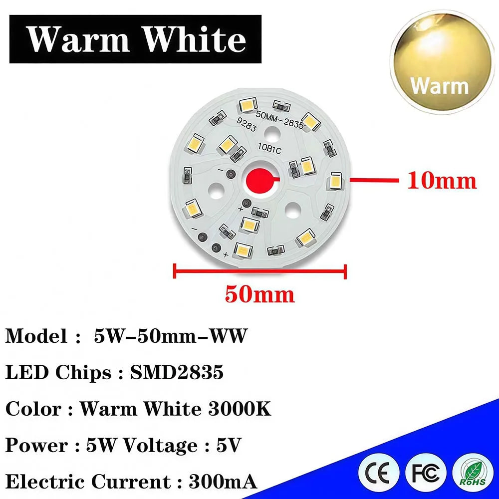 plaque led ronde blanc blanc chaud 6000k 3000k smd sddm 5w 10w 50mm 5v