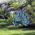 statue paon extérieur métal bleu vert jaune violet turquois plumes texturées réaliste jardin patio