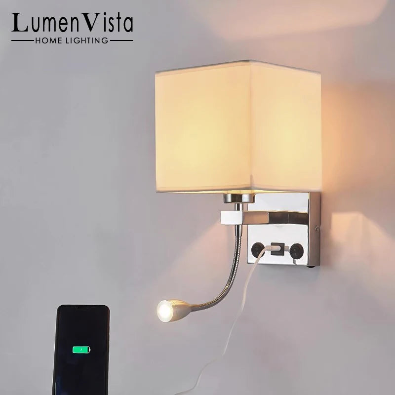 lampe murale moderne led usb interrupteur tissu blanc beige noir