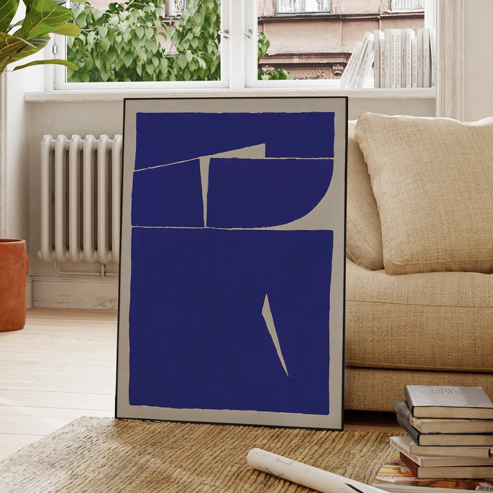 affiche abstraite contemporaine bleu géométrique toile rectangle vertical sans cadre minimaliste