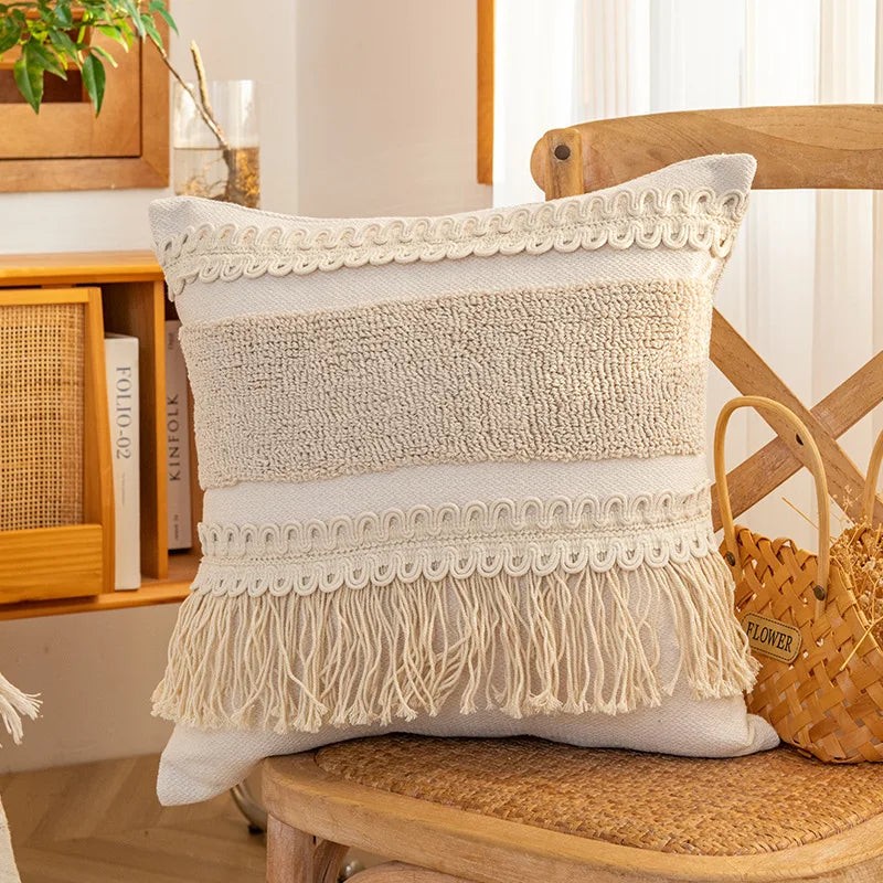 coussin peluche patchwork motif géométrique boho chic franges non toxique 45x45cm