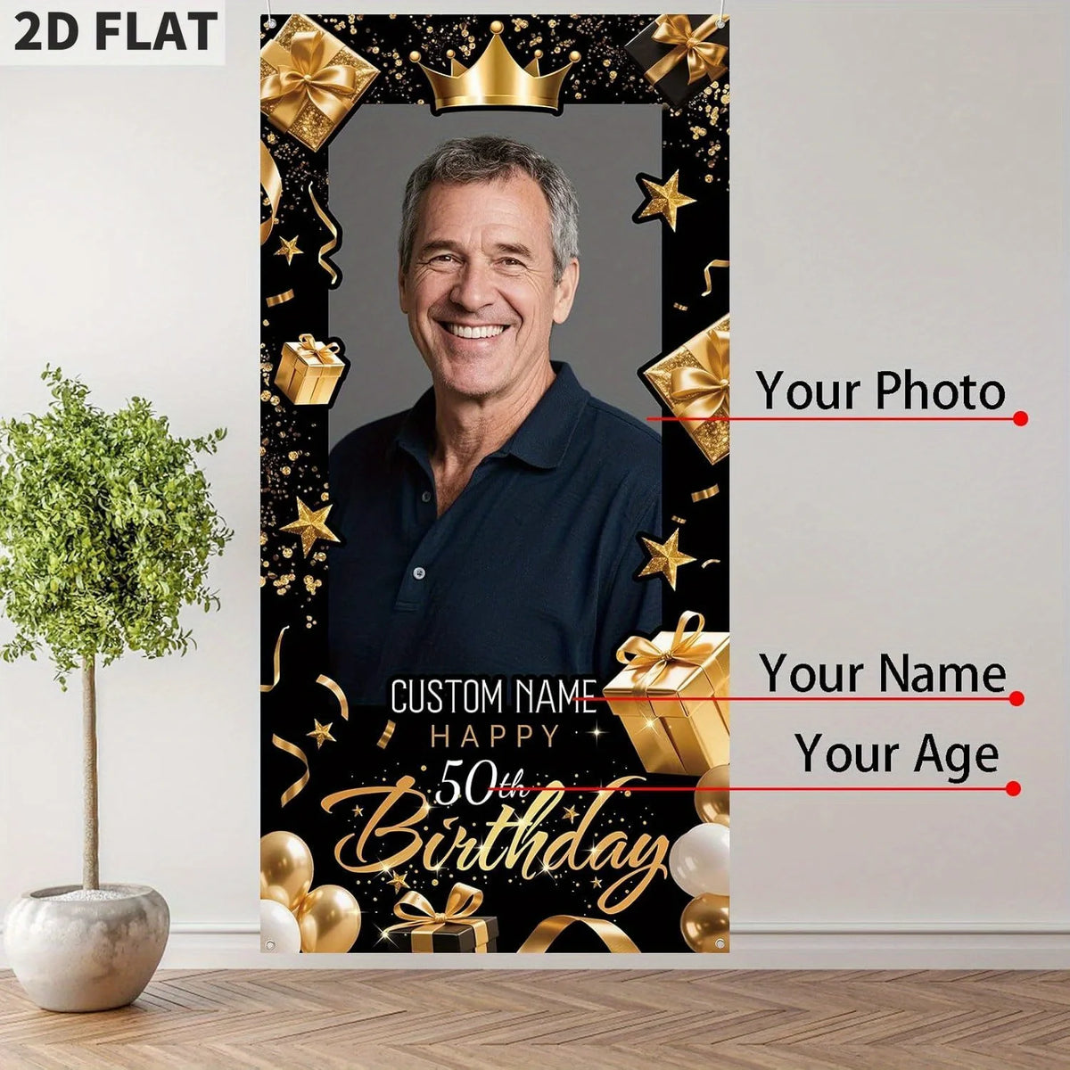 cadre photo personnalisable anniversaire ornementations festives happy birthday noir doré blanc bleu rose
