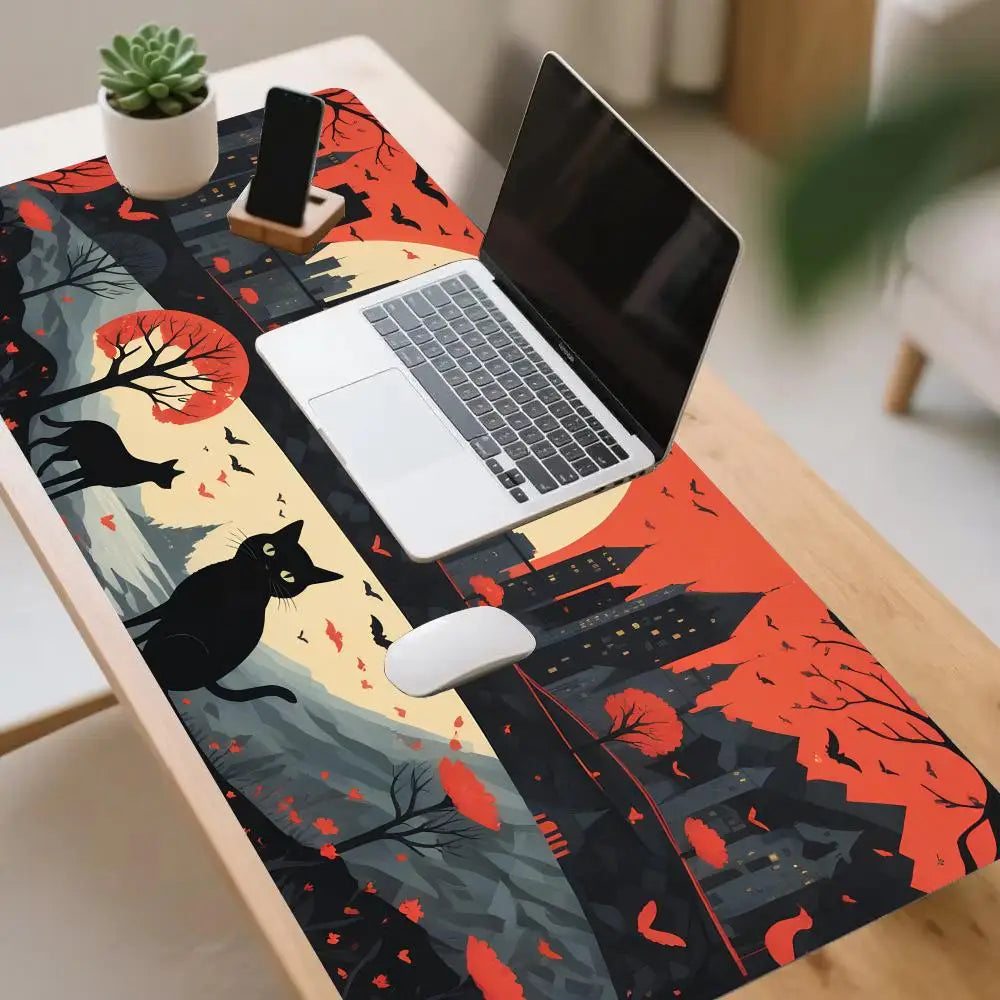 tapis souris paysage urbain chats graphique rouge noir gris