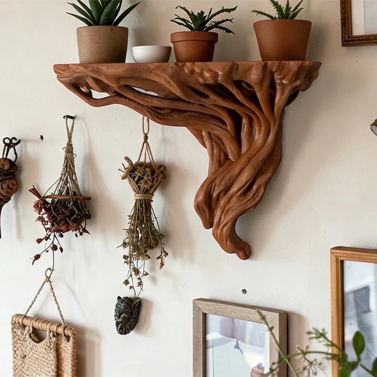 étagère murale marron clair sculptée tronc arbre texture naturelle rustique fixations