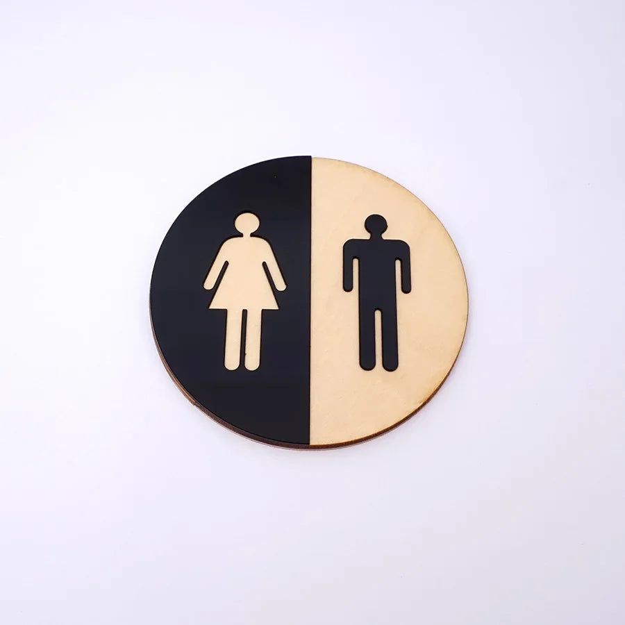 signalisation toilettes homme femme miroir bois adhésif moderne décoration salle bain rond noir minimaliste