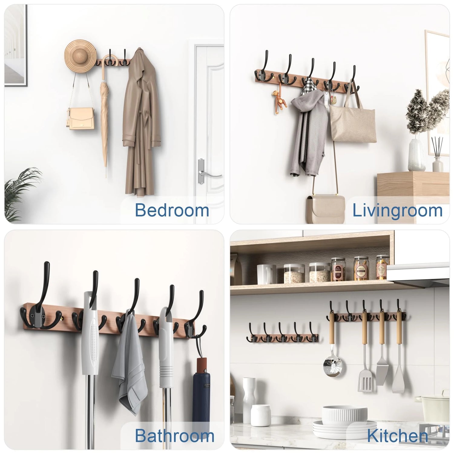 Crochets muraux en bois pour suspendre manteaux