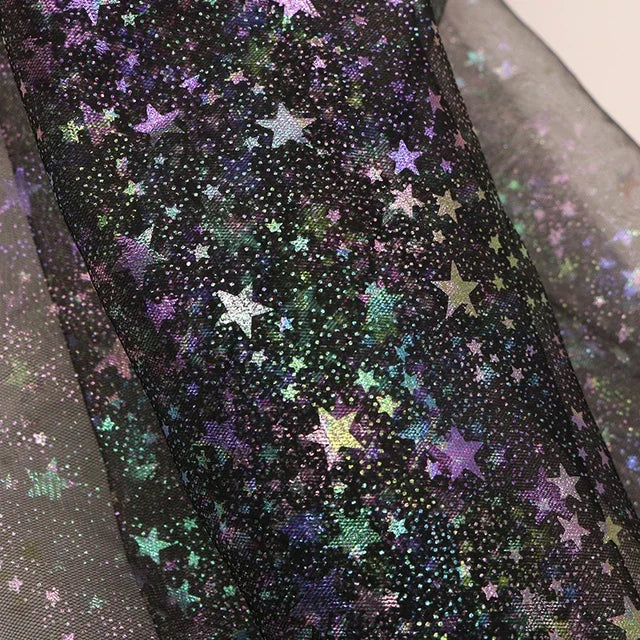 tissu translucide étoiles dorées paillettes violet vert bleu rouge rose blanc décoration événementiel bricolage