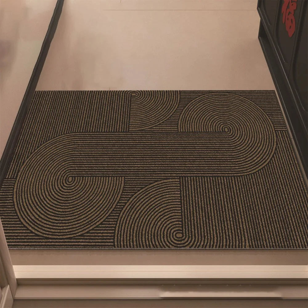 tapis d'entrée moderne rayures vert foncé marron gris antidérapant resistant taches