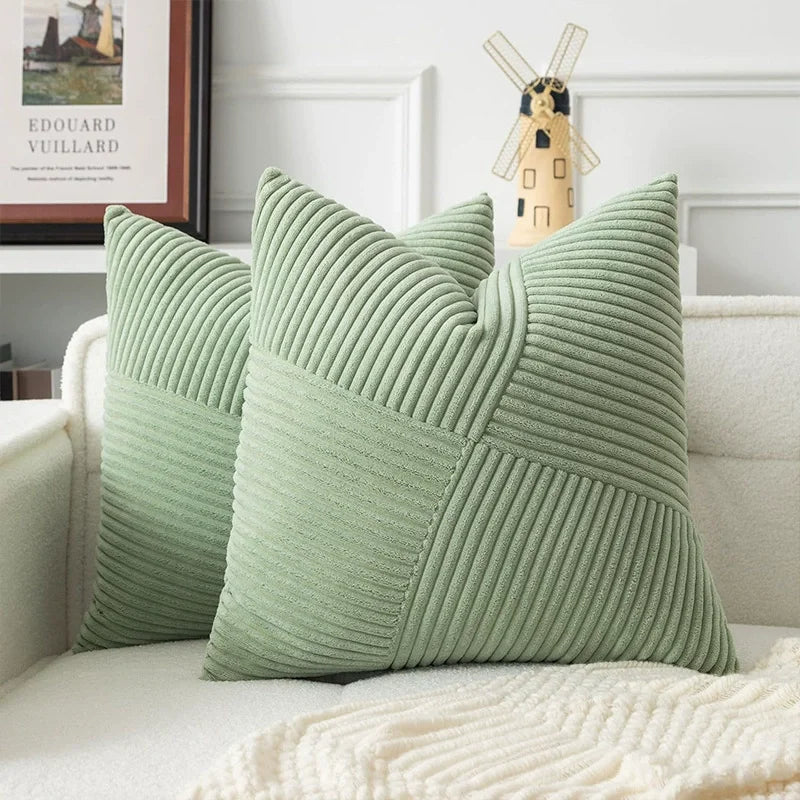ensemble coussin décoratif vert olive rayures horizontales moderne velours côtelé patchwork canapé