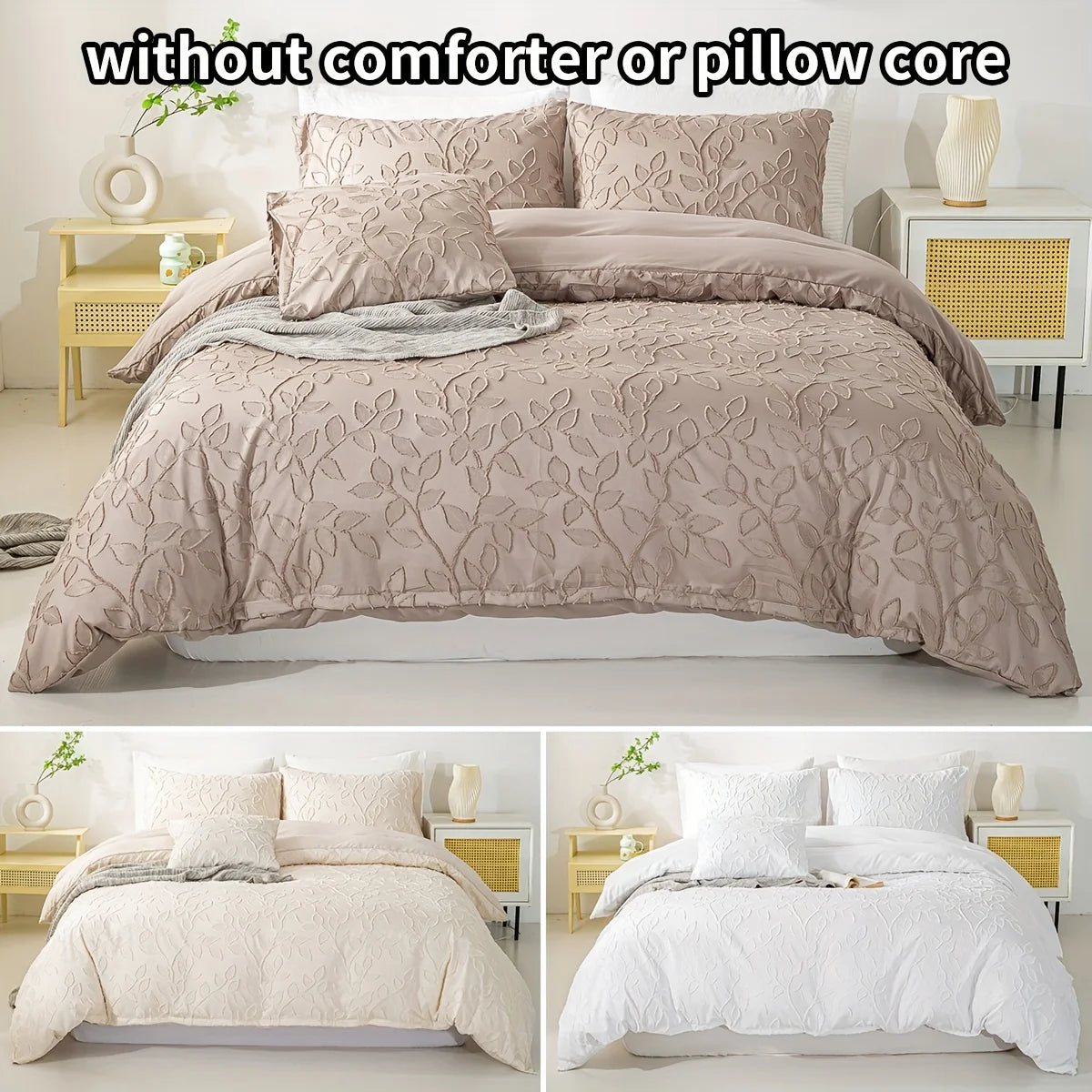 ensemble literie boho beige motif feuilles tissu brossé couvre lit taies oreiller double simple