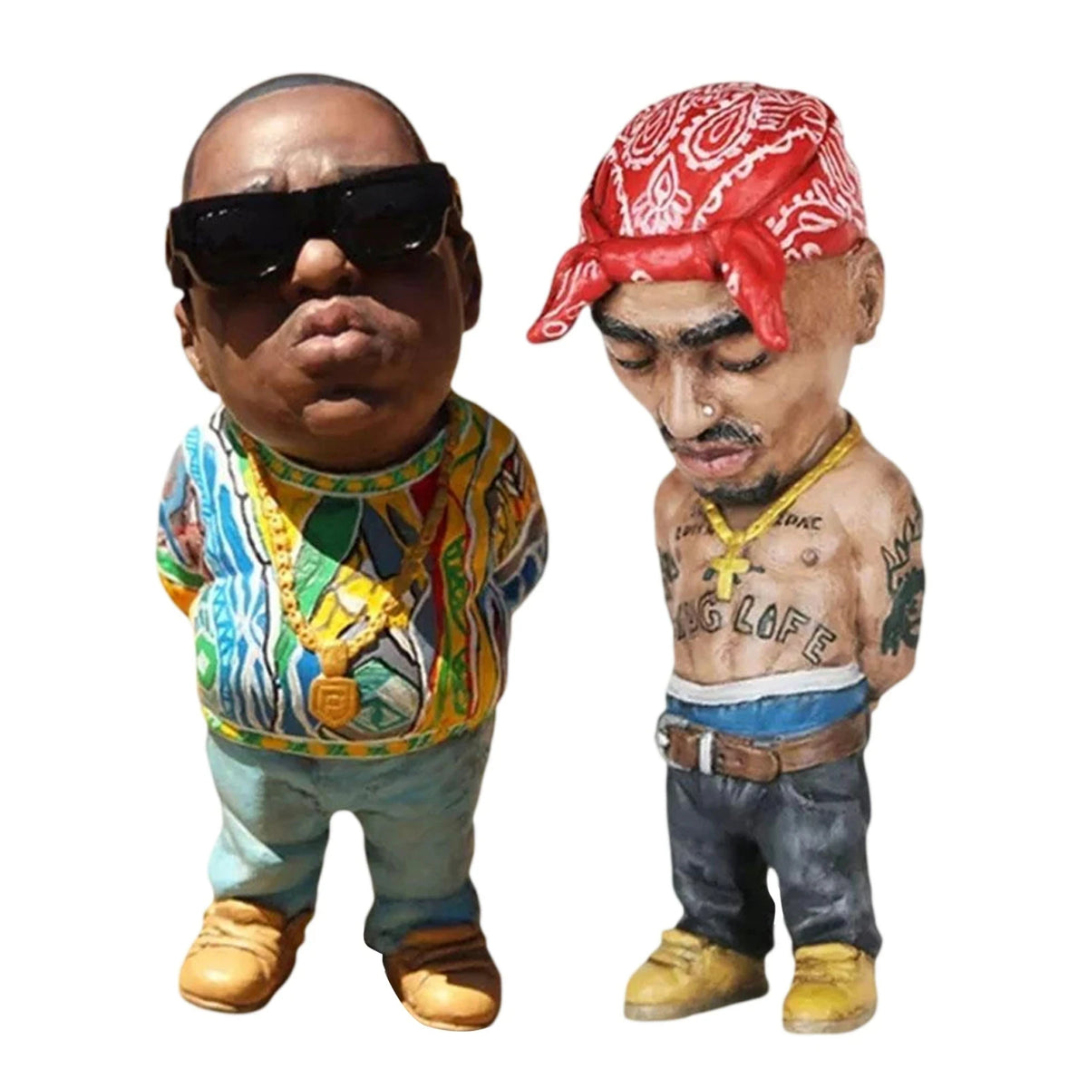 statue résine figurine tupac biggie pop art multicolore bandana tatouages chaîne dorée lunettes soleil