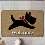 tapis d'entrée moderne motif chien noir écharpe rouge fond beige antidérapant polyester