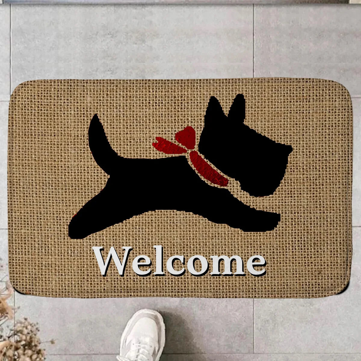tapis d'entrée moderne motif chien noir écharpe rouge fond beige antidérapant polyester