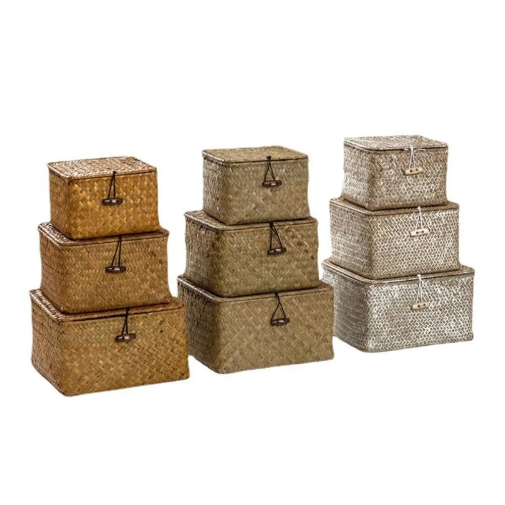 boîtes rangement marron clair tissage paille réutilisables respectueux environnement traditionnel cordon fermeture