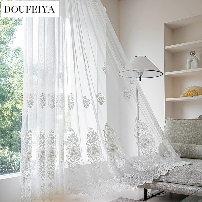 rideau tulle blanc broderie fleurs transparent classique salon chambre fenêtre maison décoration intérieur