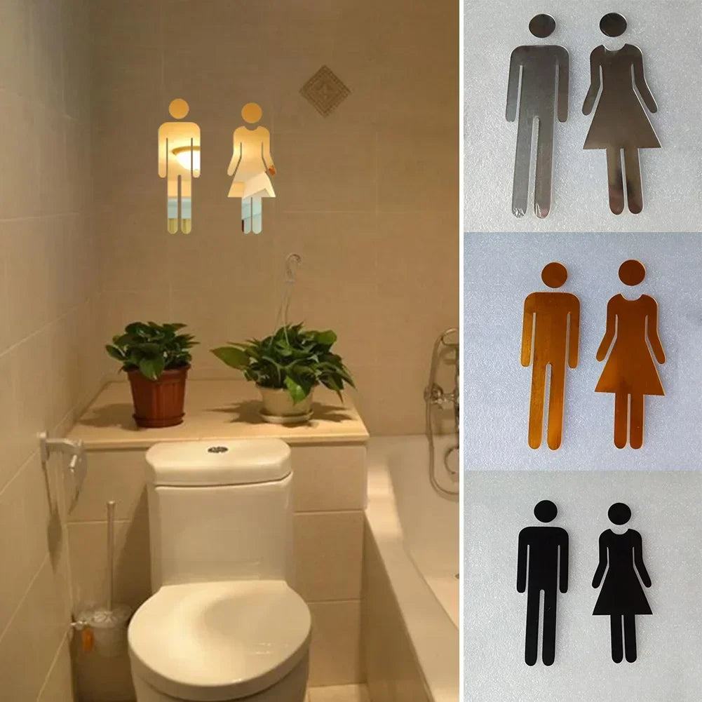symboles toilettes moderne argent doré noir silhouettes simplifiées minimaliste salle bains porte étiquette autocollant