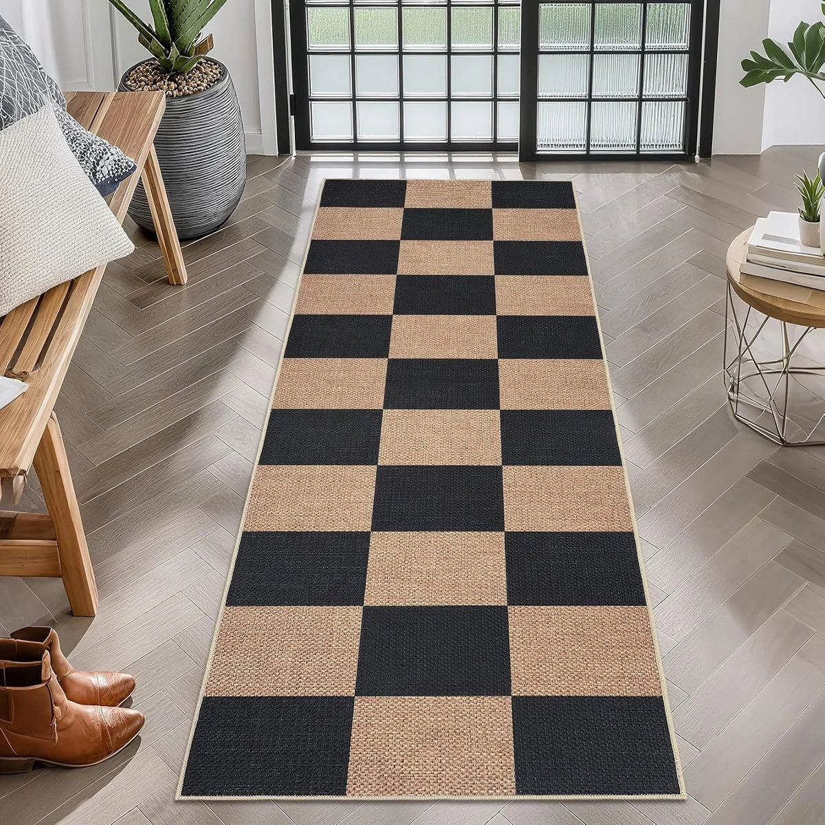 tapis moderne noir beige carreaux géométriques antidérapant polyester extérieur sol légèrement rugueux
