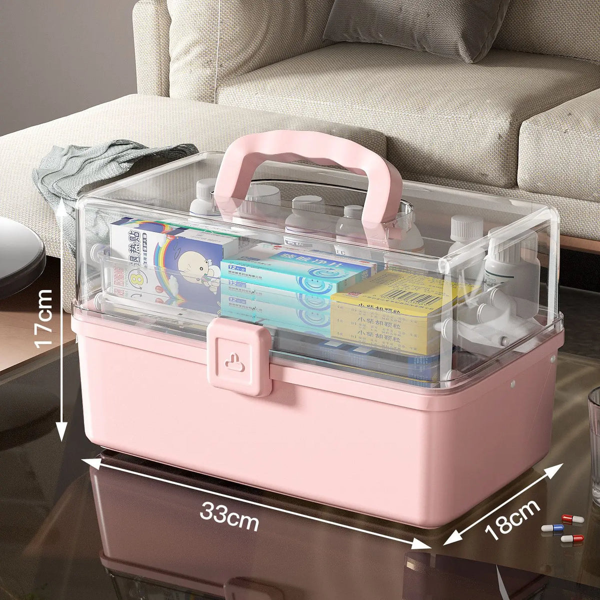 boîte rangement médicaments transparente moderne poignée blanc rose respectueuse environnement