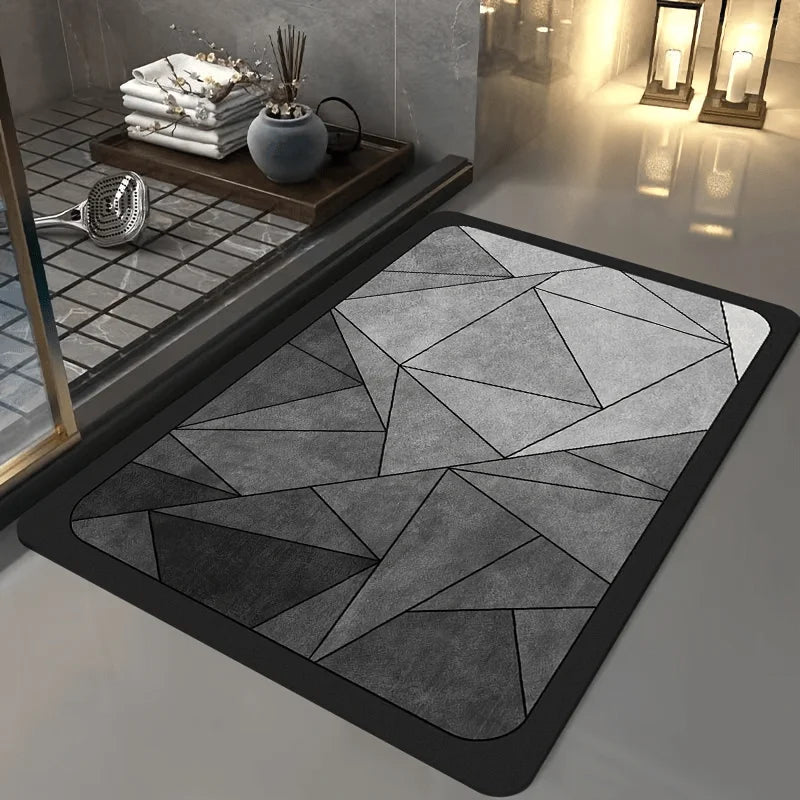 tapis sol salle bain gris noir géométrique minimaliste antidérapant lavable machine respectueux environnement triangles