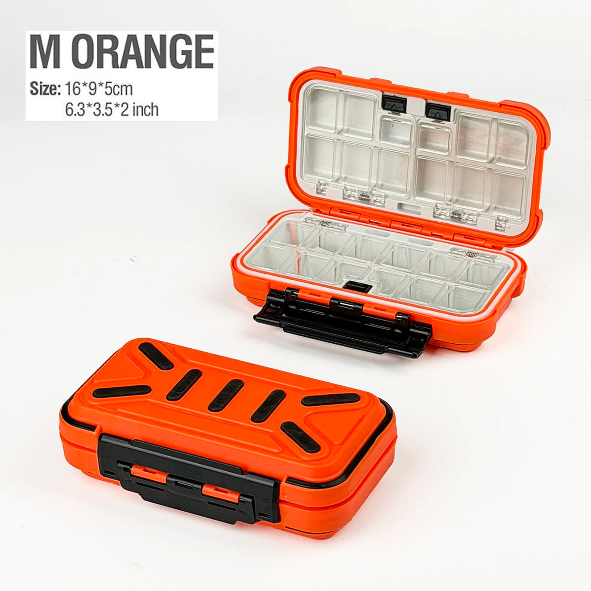 boîte rangement pêche pratique robuste compartiments transparents texture mat poignée noire orange noir