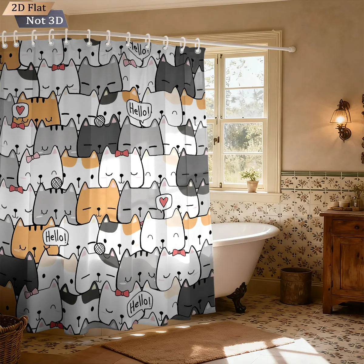rideau douche imperméable chat dessin animé mignon exprime hello crochets gris blanc orange rose