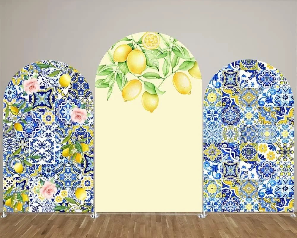 rideau fond arqué décoratif motif citron jaune bleu fête anniversaire studio photo