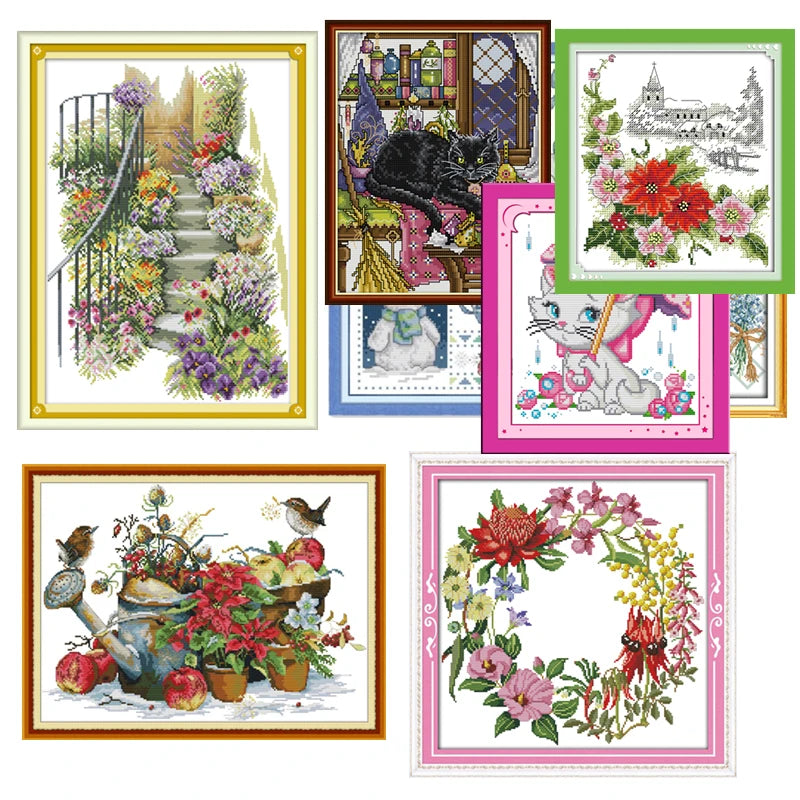 kit broderie point croix motif floral paysage animal personnage coton imprimé diy broderie