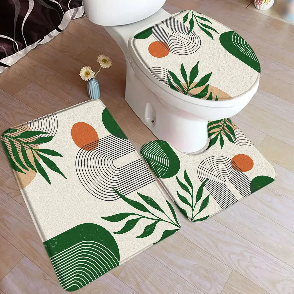 tapis bain ensemble moderne abstrait feuilles palmier couleur beige orange vert doré