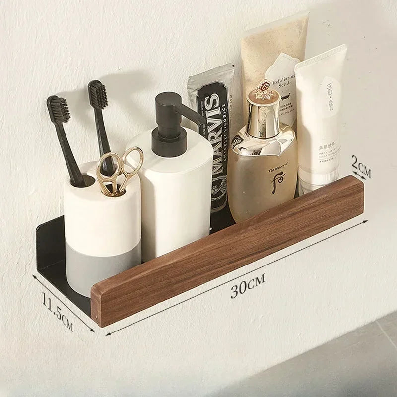 étagères murales modernes minimalistes noires bois flacons brosse dents adhésives salle bain