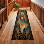 tapis géométrique tribal rouge beige turquoise noir salon moderne ethnique