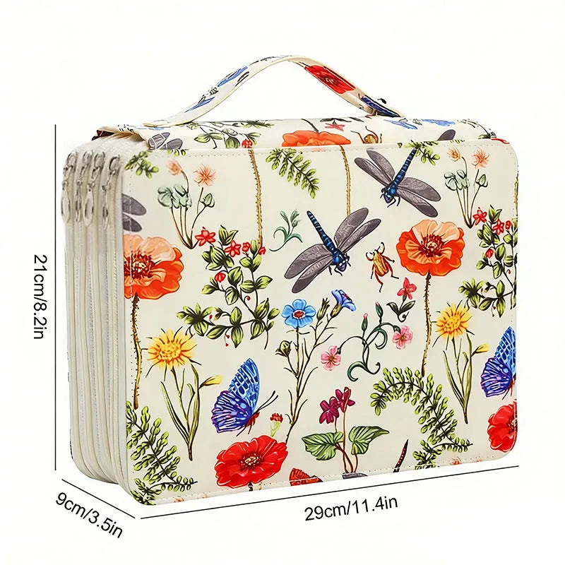 boîte crayons fleurs papillons zips 200 trous tissu polyestère moderne bleu vertclair