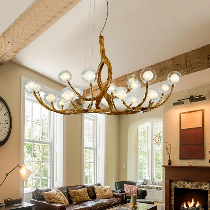 lampe suspendue moderne dorée branches naturelles 12 boules verre chaînes métalliques salon chambre