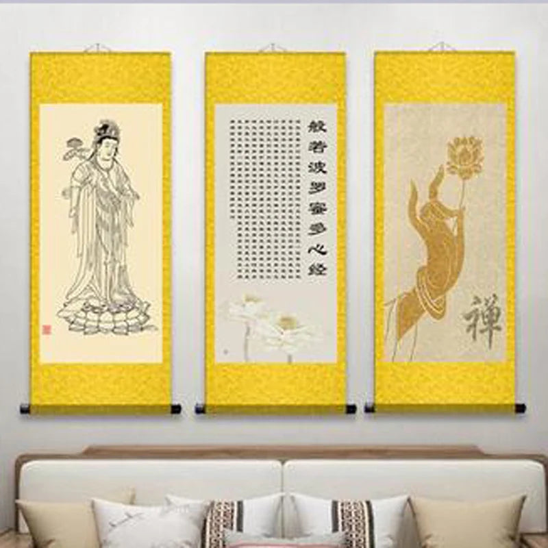 affiche murale calligraphie bouddhiste illustrations religieuses motifs floraux suspendue clips suspension traditionnel