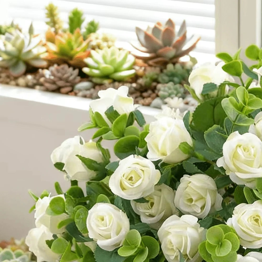 décoration intérieure bouquet roses feuilles eucalyptus moderne opacité fixations tringle occasion mariage anniversaire