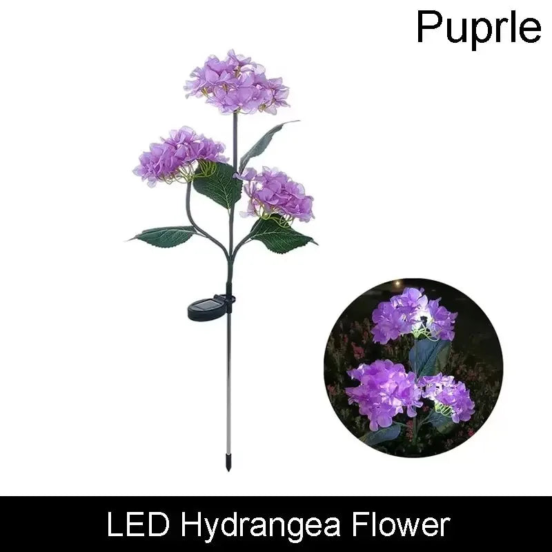 lampe solaire bleue rose blanche violette fleurs hortensias piquet métallique extérieur moderne