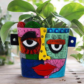 pots fleurs visage abstrait coloré blocs textures art naïf cubiste tribal