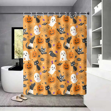 rideau douche halloween citrouilles fantômes chats araignées orange noir blanc violet 12 crochets opaques