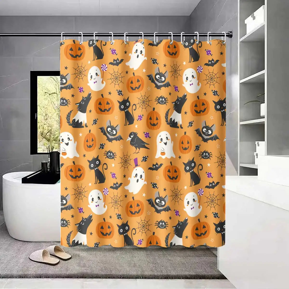 rideau douche halloween citrouilles fantômes chats araignées orange noir blanc violet 12 crochets opaques