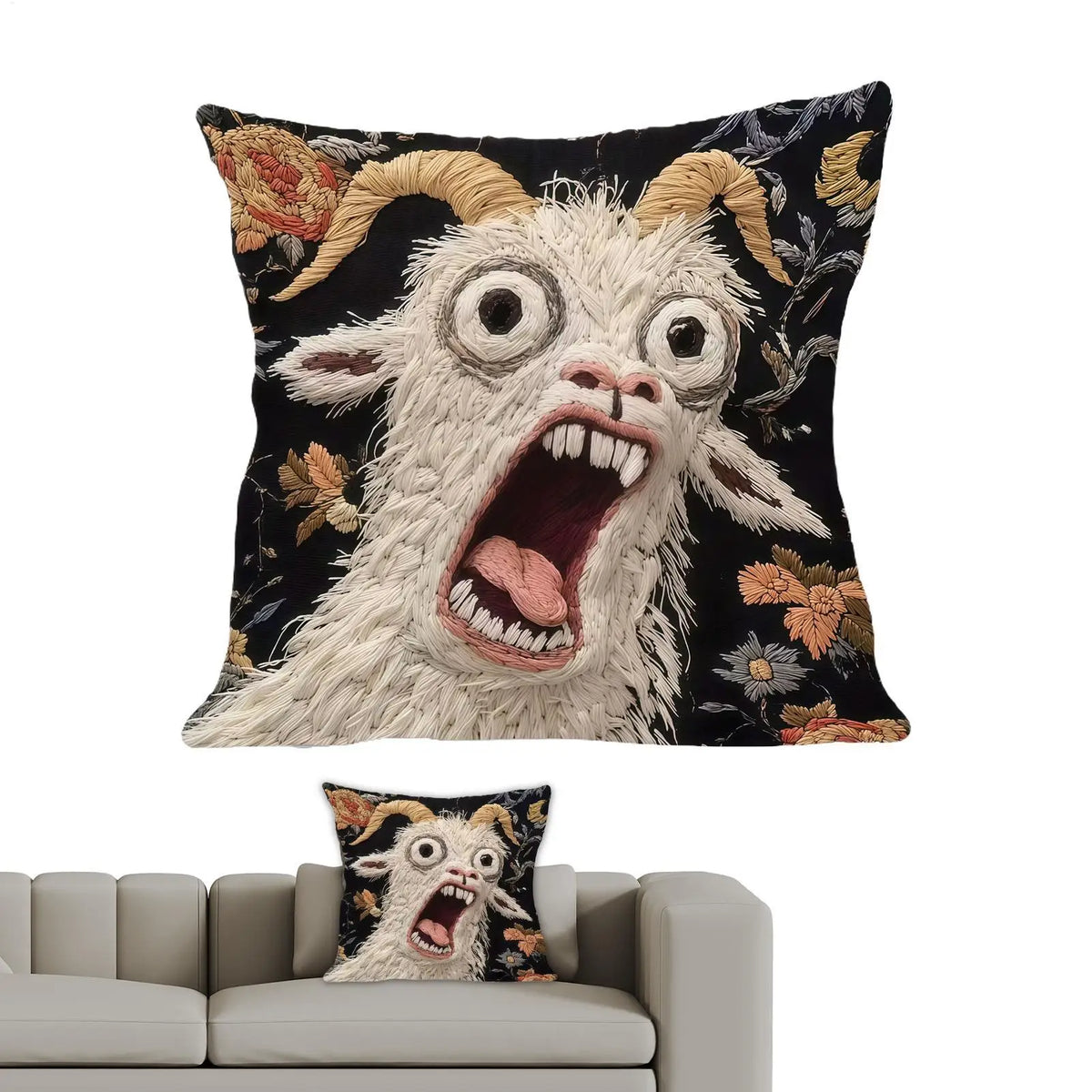 coussin illustration animal cornes yeux ouverts dents jaune noir maison salon chambre