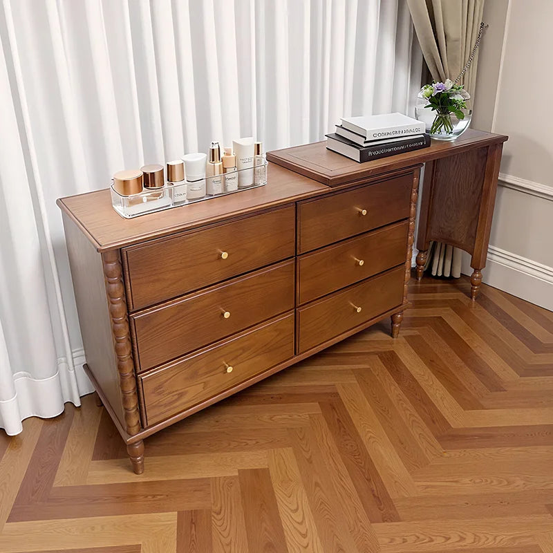 coiffeuse vintage commode tiroirs miroir rond bois naturel finition brillante classique marron clair