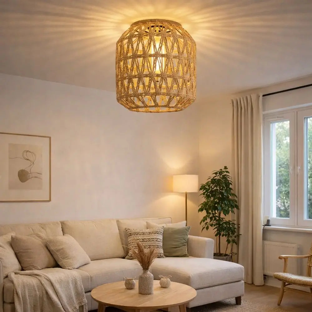 lampe suspendue tressée naturelle moderne rustique 13cm largeur anneau métallique déco maison